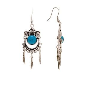 Aqua Simulated Howlite & Silvertone Dream Catcher Drop Earrings